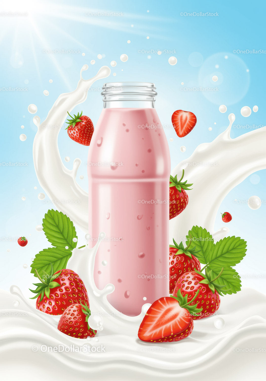 Strawberry smoothie bottle surrounded by splashing milk