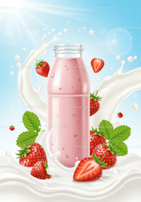Strawberry smoothie bottle surrounded by splashing milk