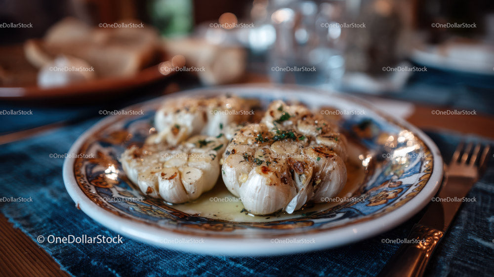 Roasted Garlic on Ornamental Plate in Cozy Dining Setting