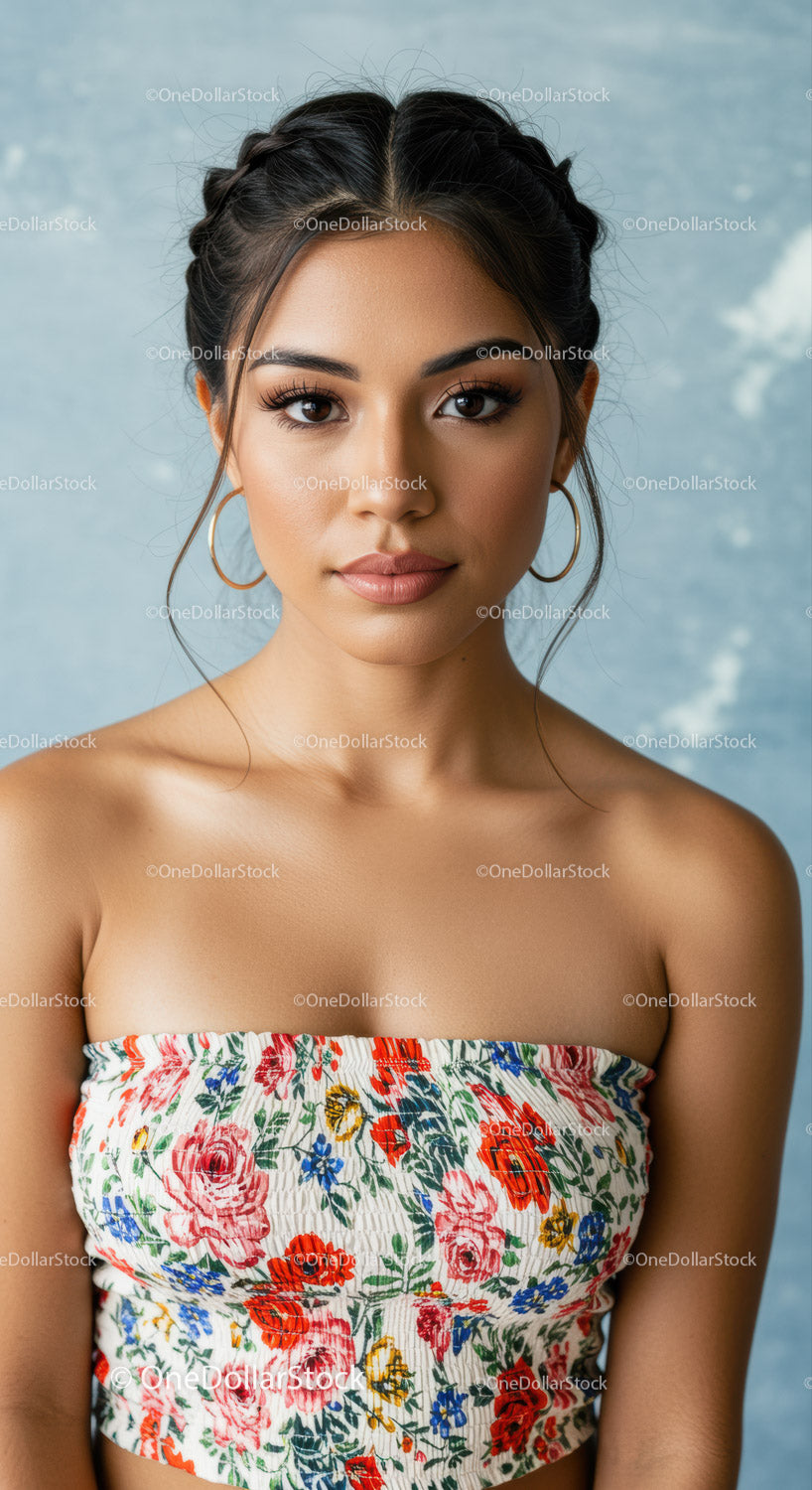 Young Woman in Floral Dress with Elegant Style and Confident Expression