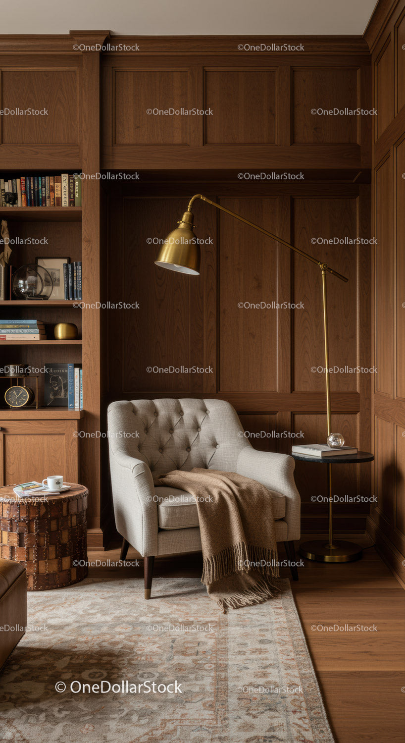 Cozy reading nook with beige armchair and warm lighting