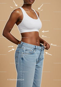 Slim Woman Holding Loose Jeans Showing Waist in Casual Style