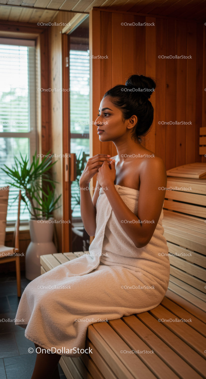 Young Woman Relaxing in Spa Sauna Room with Wooden Interior