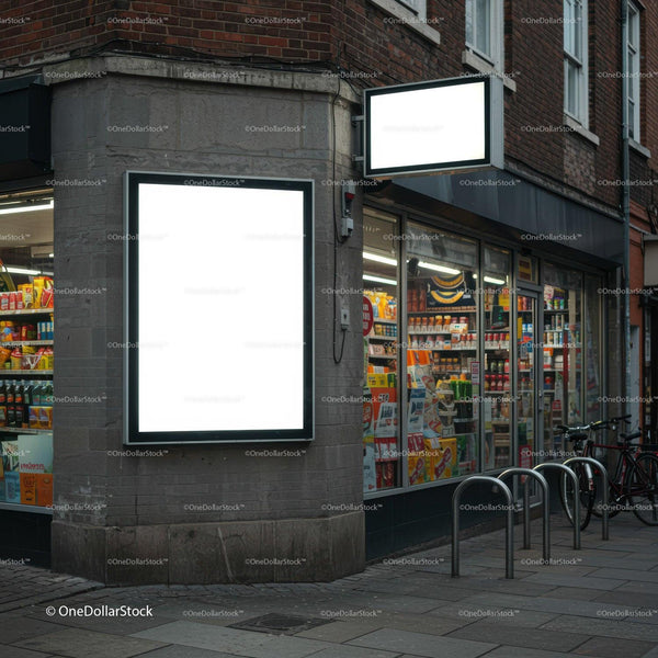Urban corner store with illuminated blank advertising signs JPG Mockup Image