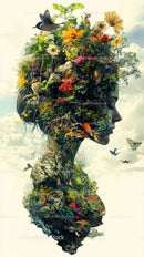 Nature Inspired Human Profile with Lush Garden and Flying Birds