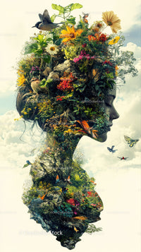 Nature Inspired Human Profile with Lush Garden and Flying Birds