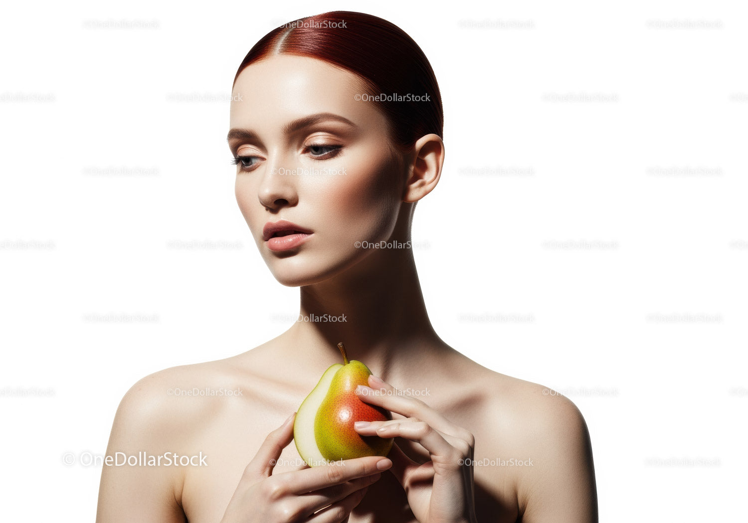 Elegant Woman with Pear in Bright Minimalist Portrait
