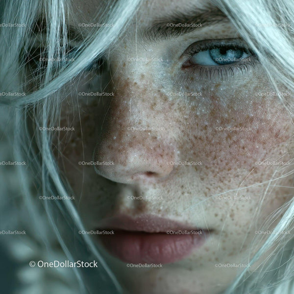 Close-Up of Freckled Young Woman with Bright Blue Eye