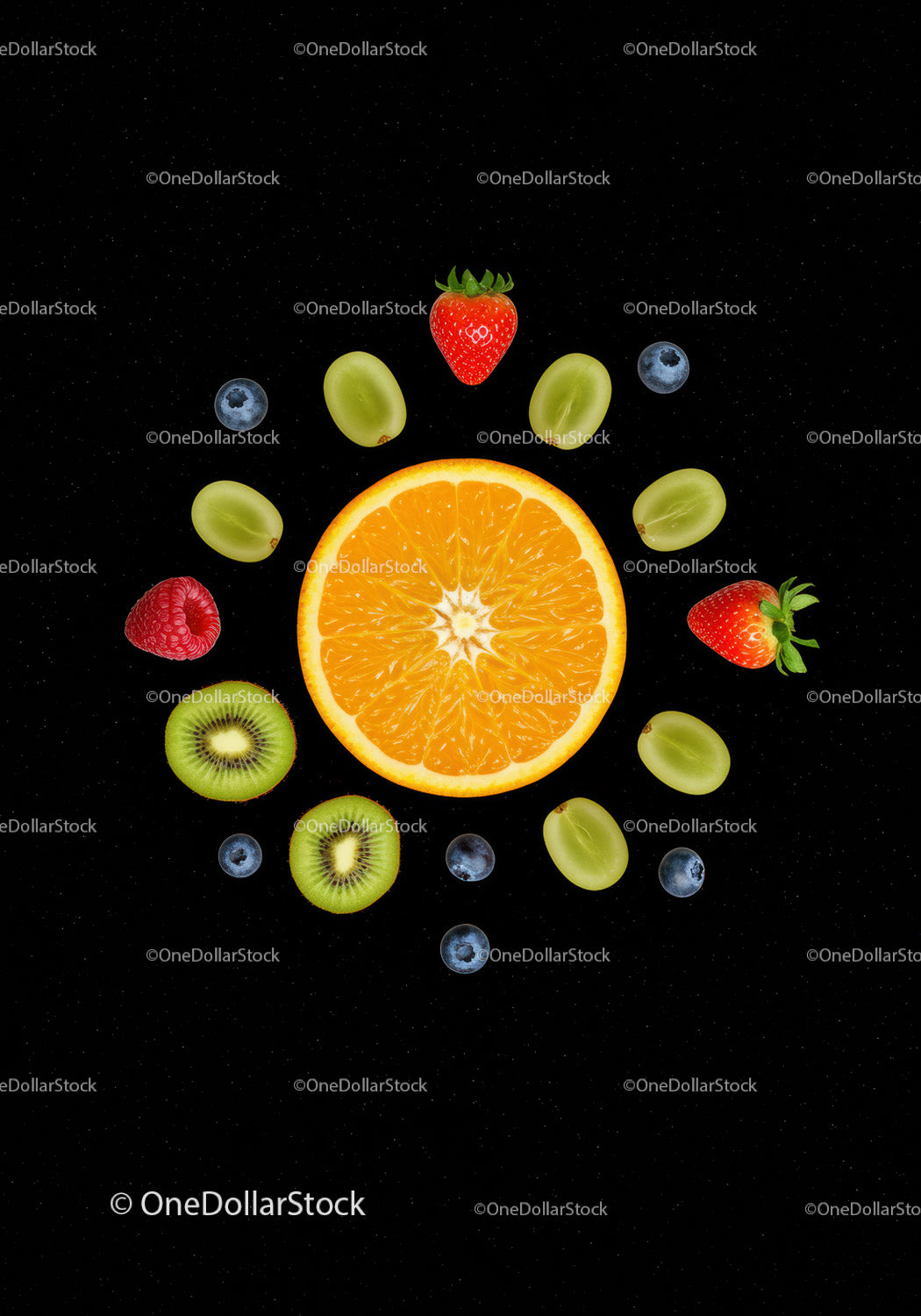 Colorful fresh fruit arrangement on black background