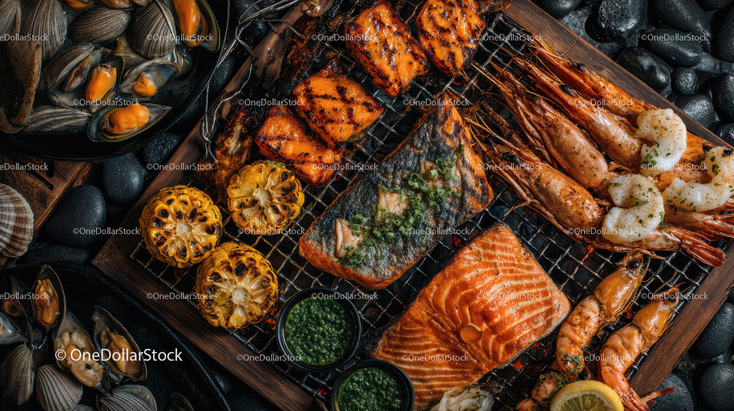 Gourmet Grilled Seafood Platter with Salmon Shrimp and Scallops