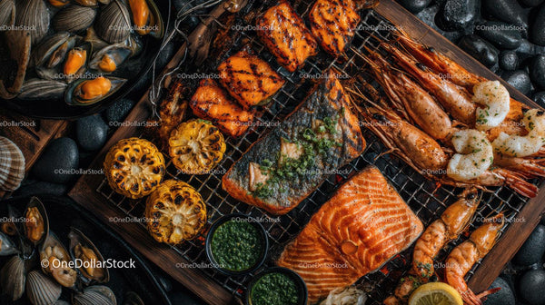 Gourmet Grilled Seafood Platter with Salmon Shrimp and Scallops