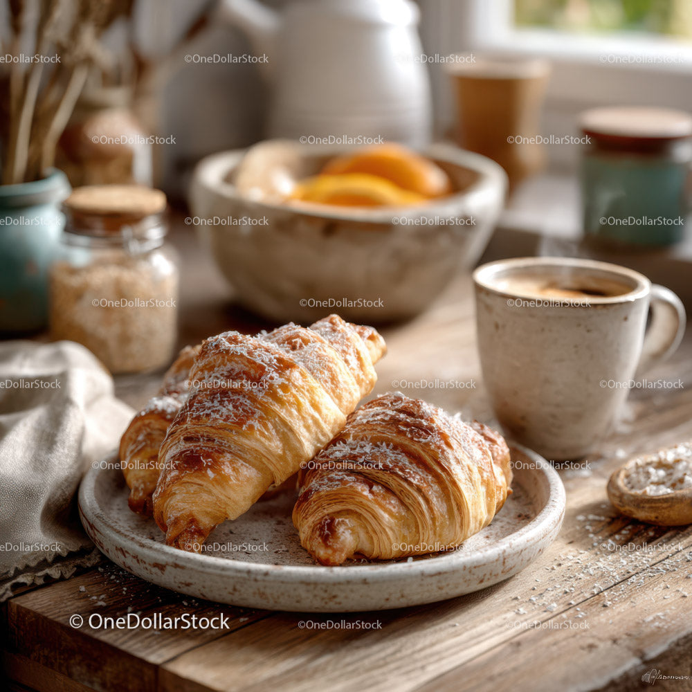 Fresh Croissants and Coffee on Rustic Breakfast Table