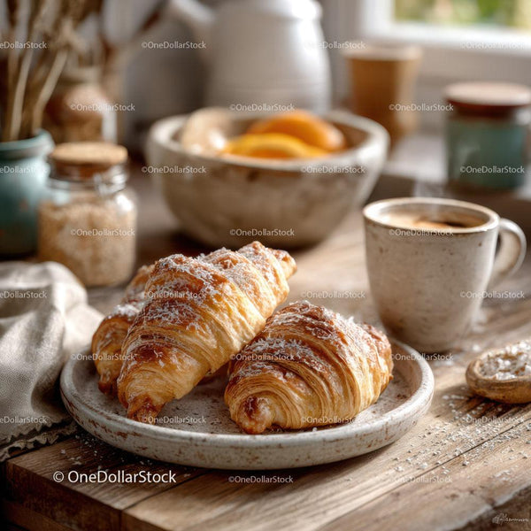 Fresh Croissants and Coffee on Rustic Breakfast Table