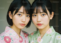 Elegant Twin Women in Kimono with Floral Patterns for Cultural Display