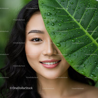 Woman Smiling with Large Tropical Leaf in Lush Garden Environment