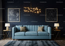 Modern living room with constellation decor and blue sofa