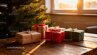 Wrapped Christmas Gifts by Cozy Pine Tree at Sunset