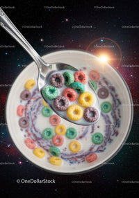 Colorful Cereal Spoonful Floating in Cosmic Space
