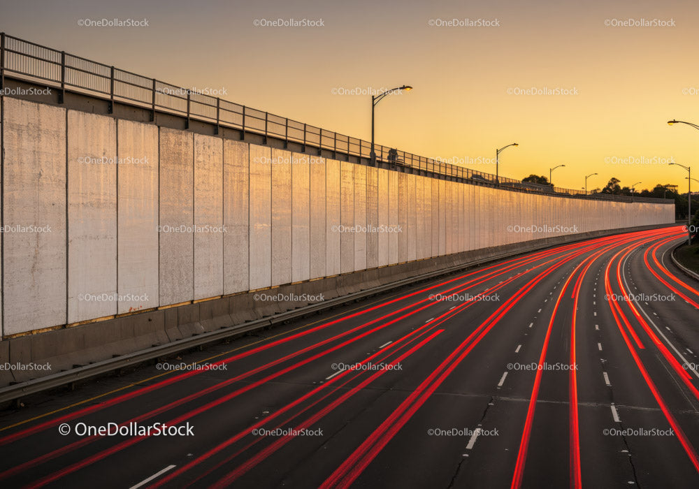 City Highway with Light Trails During Sunset in Urban Environment