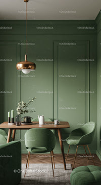 Stylish Green Dining Room with Velvet Chairs and Pendant Lighting