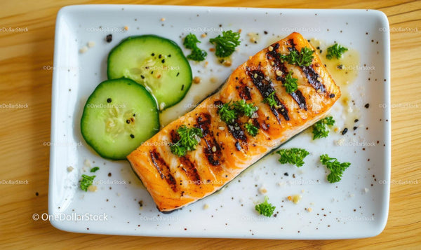 Grilled Salmon with Cucumber and Fresh Parsley on White Plate