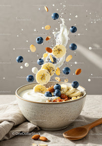 Fresh yogurt bowl with banana slices blueberries and almonds