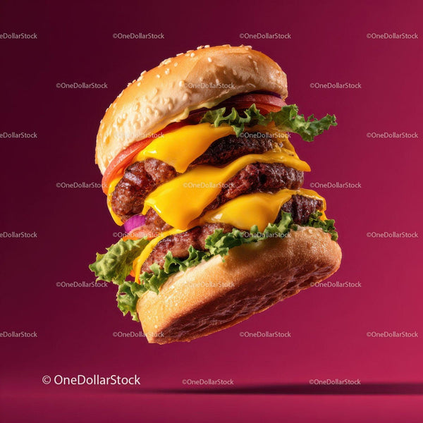 Gourmet Stacked Cheeseburger with Fresh Vegetables and Melted Cheese