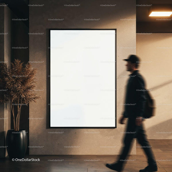 Man walking past blank framed poster in modern hallway JPG Mockup Image