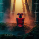 Luxury Red Perfume Bottle in Mystical Forest Scene
