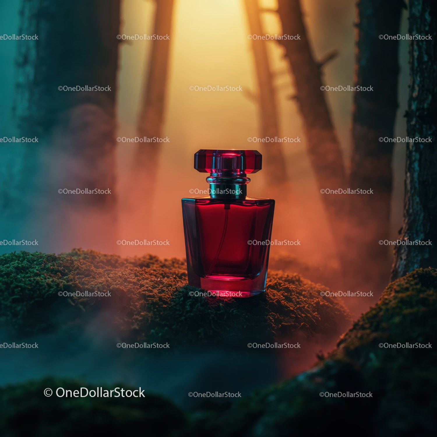 Luxury Red Perfume Bottle in Mystical Forest Scene