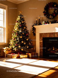 Cozy Christmas tree with golden gifts by fireplace