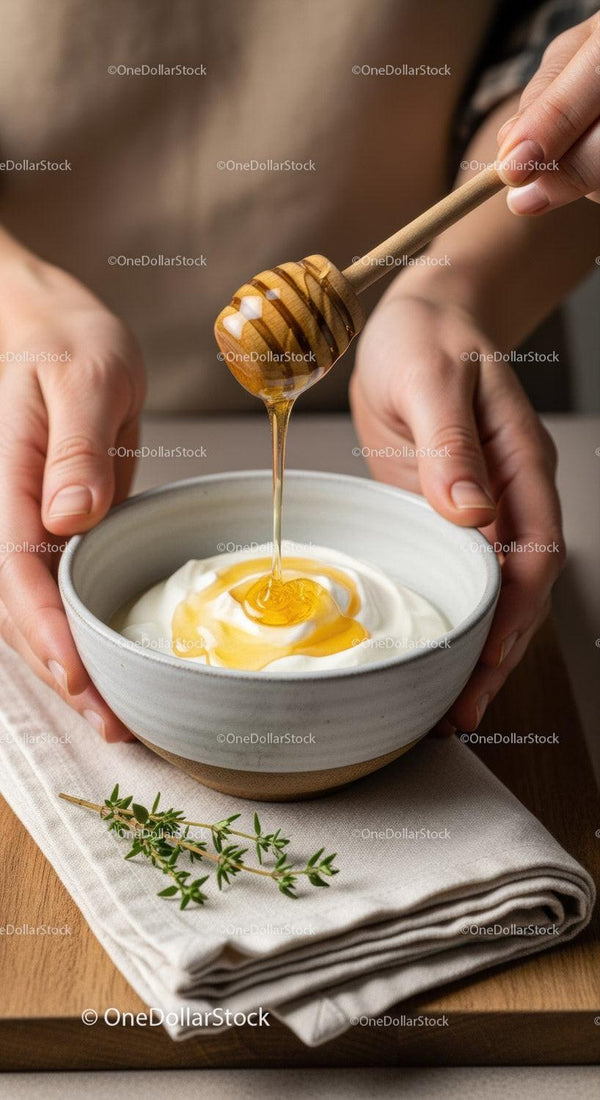 Creamy Yogurt with Honey Drizzle in Rustic Kitchen Setting