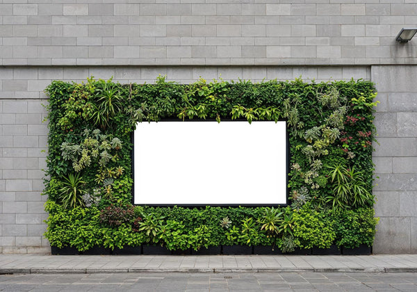 Urban green frame with blank billboard on city wall JPG Mockup Image