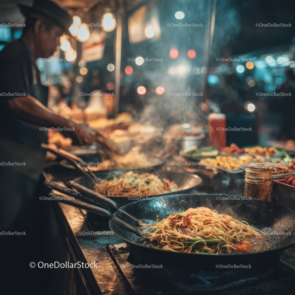 Street Food Vendor Cooking Stir-Fried Noodles at Night Market