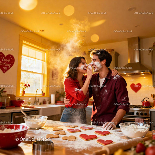 Couple Playfully Baking Heart Cookies in Cozy Kitchen
