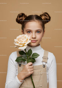 Young Girl with Pale Peach Rose Portrait on Soft Beige Background