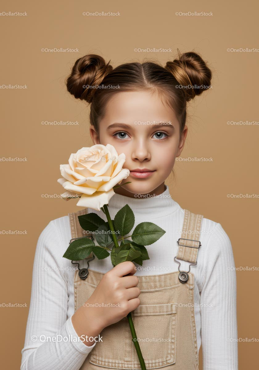 Young Girl with Pale Peach Rose Portrait on Soft Beige Background