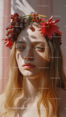 Young Woman with Red Floral Crown and Purple Grapes Outdoor Portrait