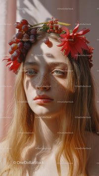 Young Woman with Red Floral Crown and Purple Grapes Outdoor Portrait