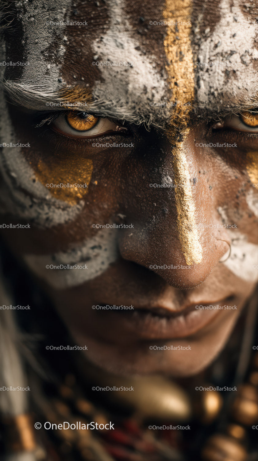 Close-up of An African Tribal Face with Gold Metallic Body Art