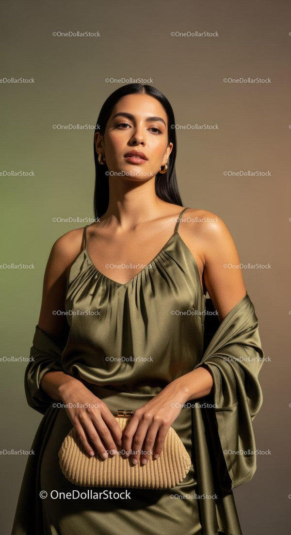 Elegant Woman in Satin Dress with Stylish Accessories and Jewelry