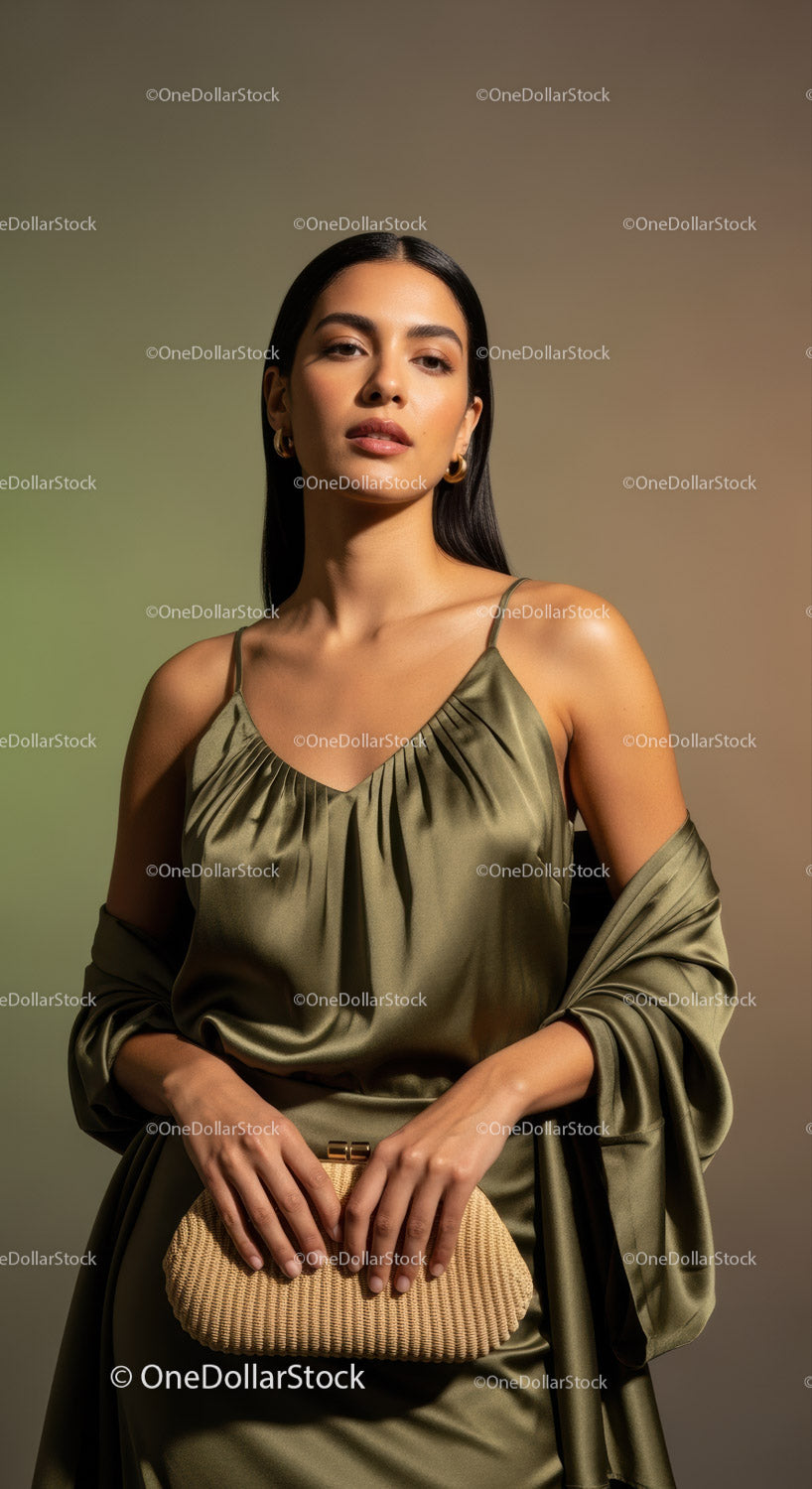 Elegant Woman in Satin Dress with Stylish Accessories and Jewelry