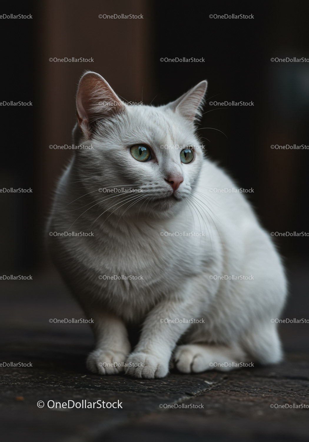 Calm white cat sitting attentively on dark floor