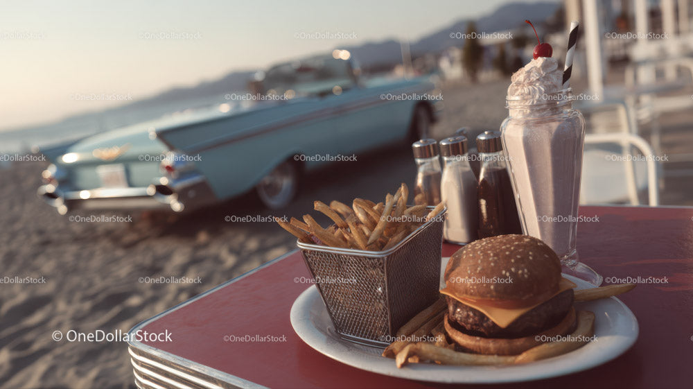 Vintage Car Parked Near Classic Beachside Diner with Snack and Milkshake
