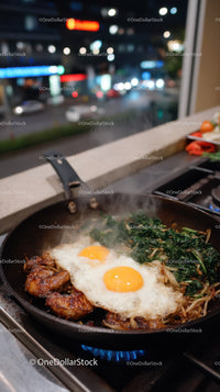 Cooking Fried Eggs with Greens and Meat in a Kitchen