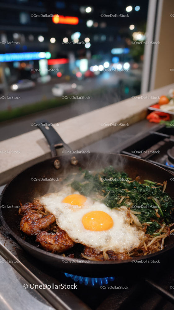 Cooking Fried Eggs with Greens and Meat in a Kitchen