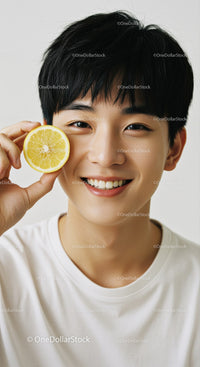 Smiling Young Asian Man Holding Lemon Slice Bright Fresh Citrus Portrait