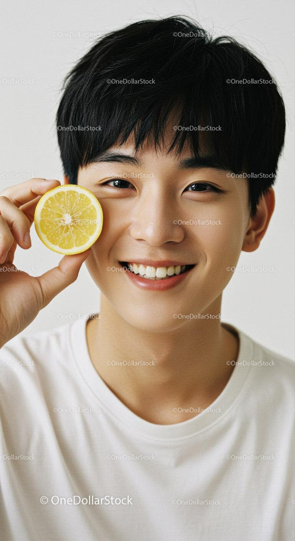 Smiling Young Asian Man Holding Lemon Slice Bright Fresh Citrus Portrait