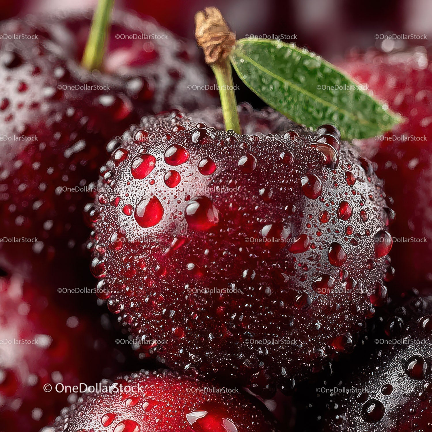 Close-up of Juicy Ripe Cherries with Dew Drops in Natural Setting