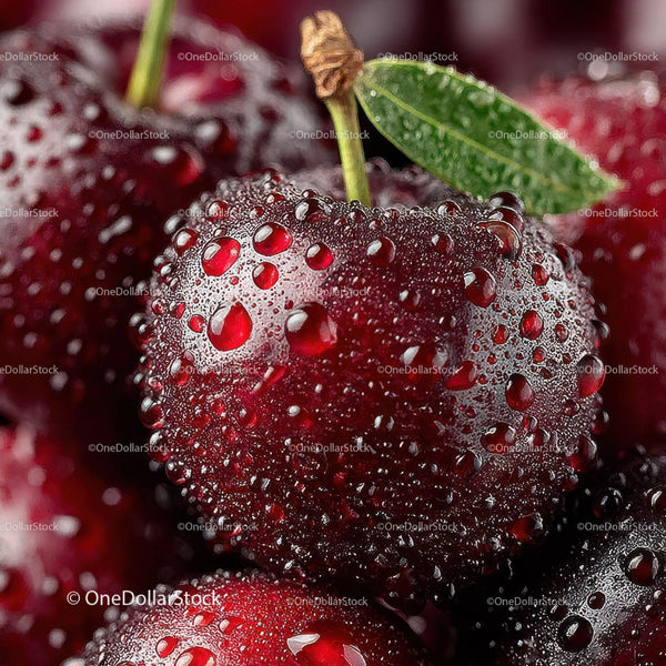 Close-up of Juicy Ripe Cherries with Dew Drops in Natural Setting